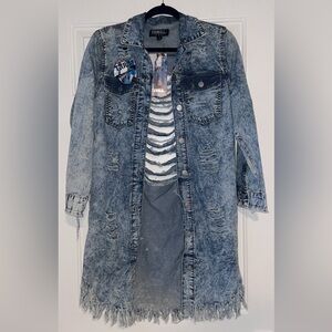 Long Denim Jacket with Distressed Details